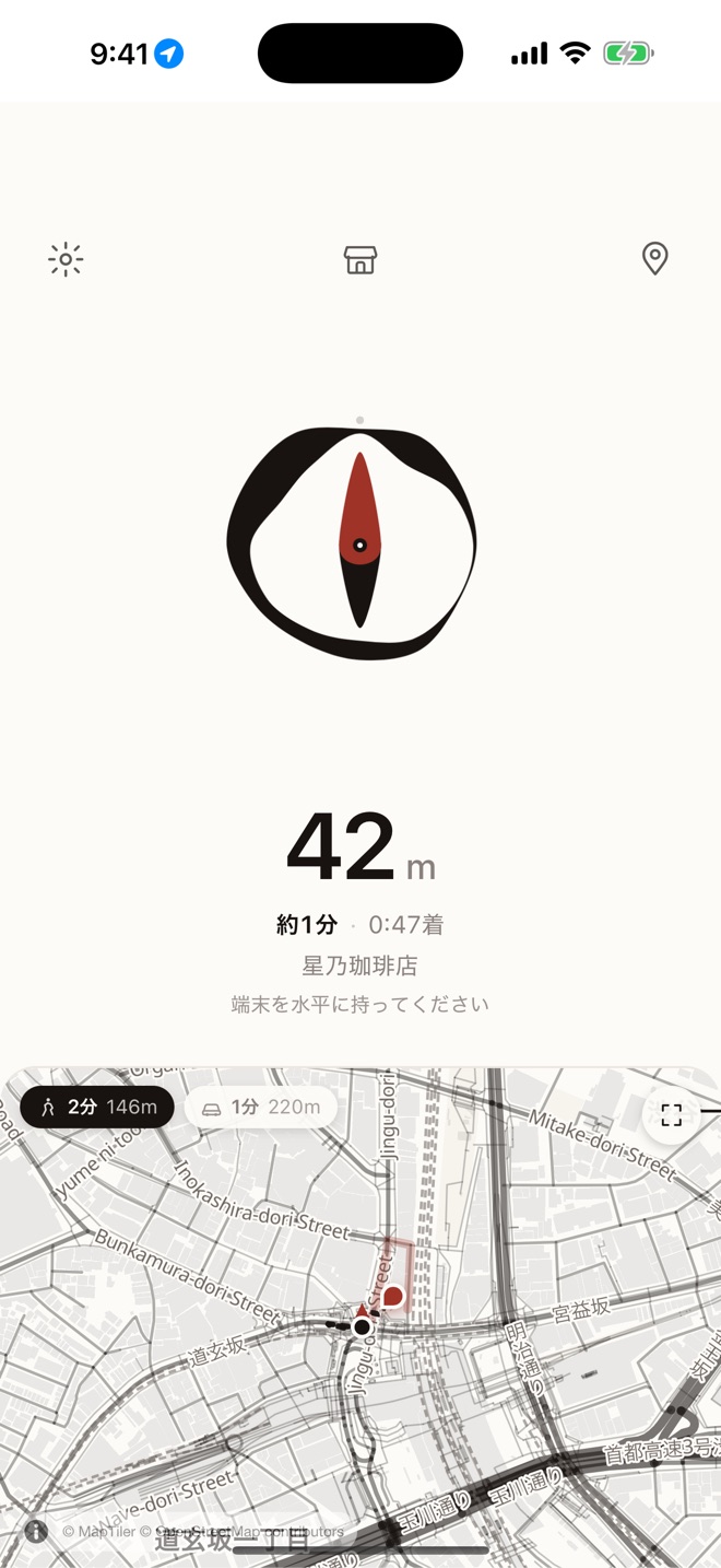ナビゲーション画面。朱の針が目的地の方向を指し、残り42m・約1分と表示されている。